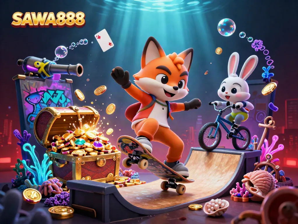 SAWA888 captures an energetic scene featuring a skateboarder fox alongside a BMX rabbit, set in a vibrant casino-themed environment.