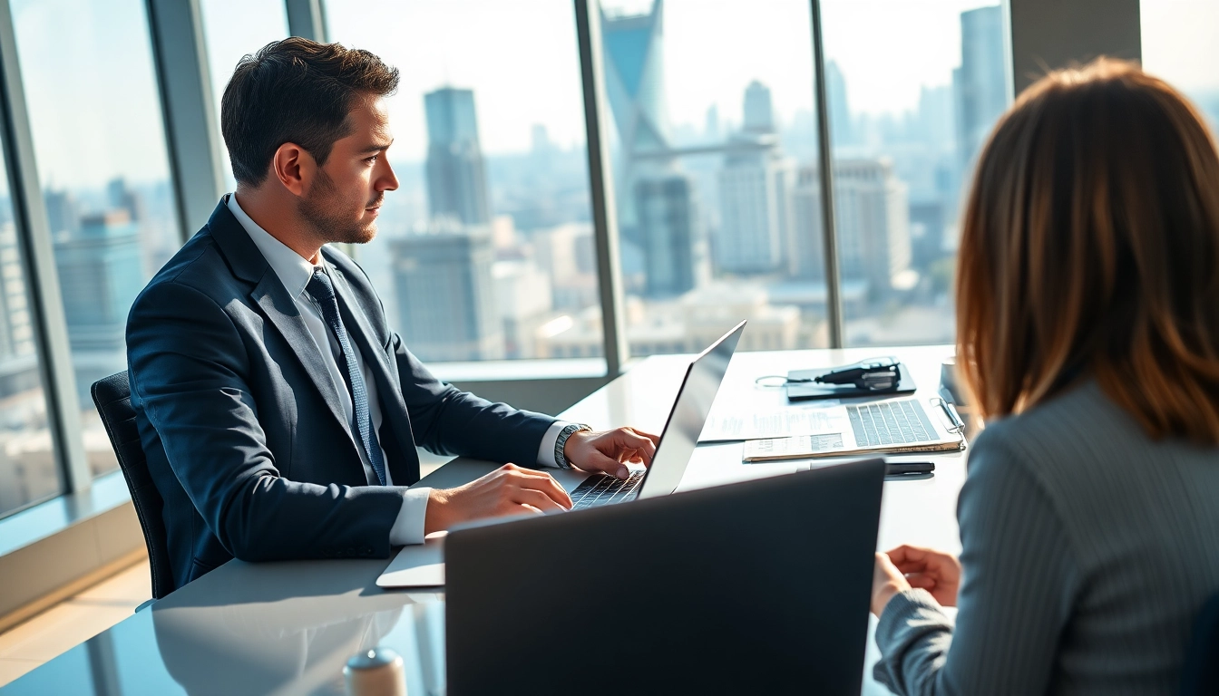 Headhunter IT consultant engages with a client in a modern office environment.