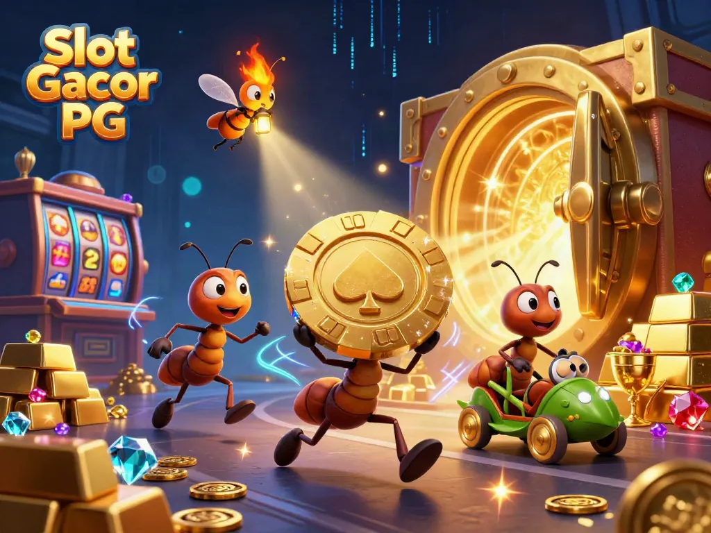 Team of cartoon ants carrying a giant poker chip in a casino with Slot Gacor PG theme, full of treasures.
