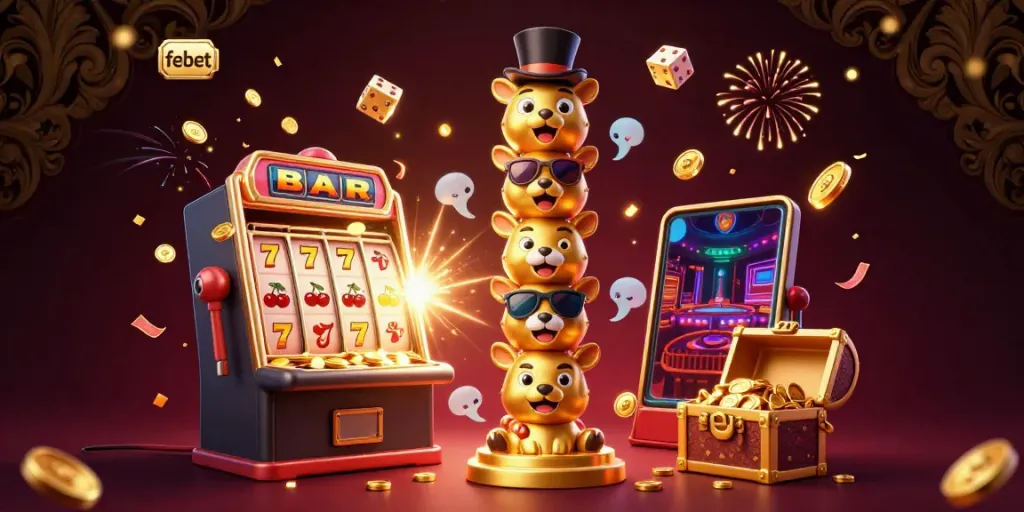 Experience the excitement of febet with a vibrant casino-themed 3D illustration featuring a golden totem pole and jackpot elements.