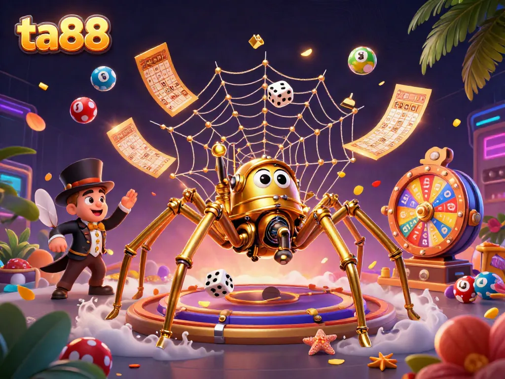 Experience thrilling gameplay at ta88 with a steampunk spider crafting a web of luck amidst vibrant casino elements.