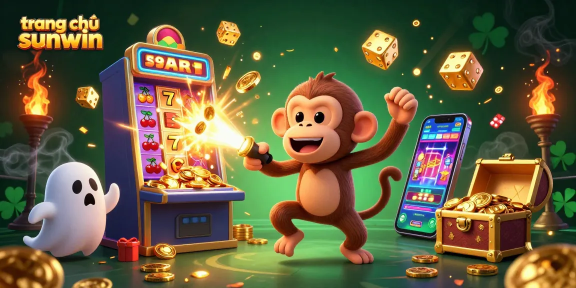 Experience gaming excitement at trang chủ sunwin with a lively casino scene featuring a mischievous monkey and ghost-hunter puppy.