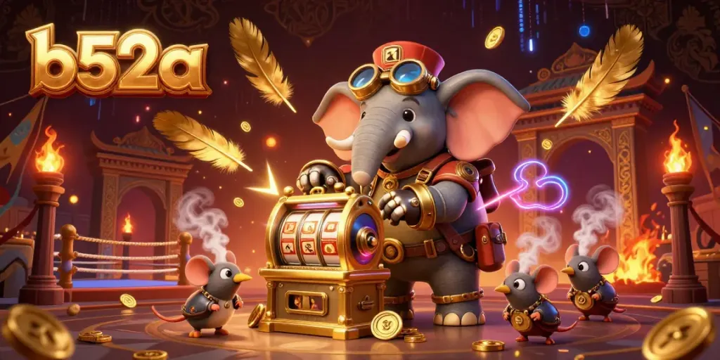 Spin the reels at b52a with a steampunk elephant, showcasing vibrant casino energy and thrilling gameplay.