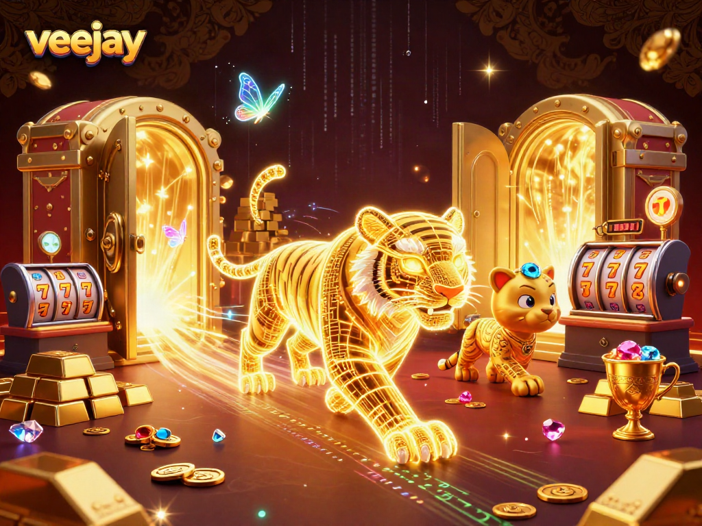Veejay zeigt fesselnde Casino-Action mit einem goldenen Tiger und Slot-Reels.