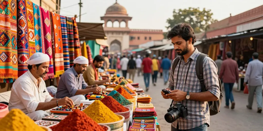 Vibrant Indian marketplace showcasing ROKOK88 login experience with color-rich textiles and local crafts.