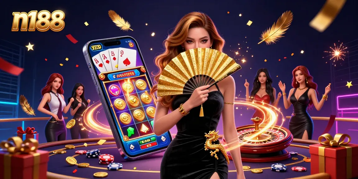 Experience thrilling n188 casino action with a stunning Asian lady and dynamic slot games.