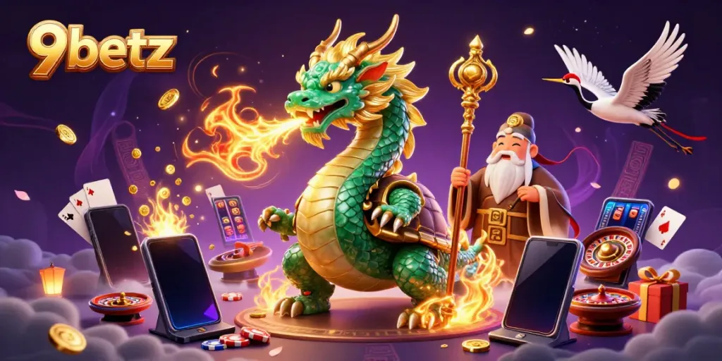 Experience the magic of 9betz with a jade dragon, wise turtle, and lucky cranes amidst vibrant casino action.