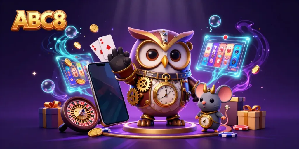 Engage in thrilling slots and casino action with ABC8 in a vibrant 3D illustration.