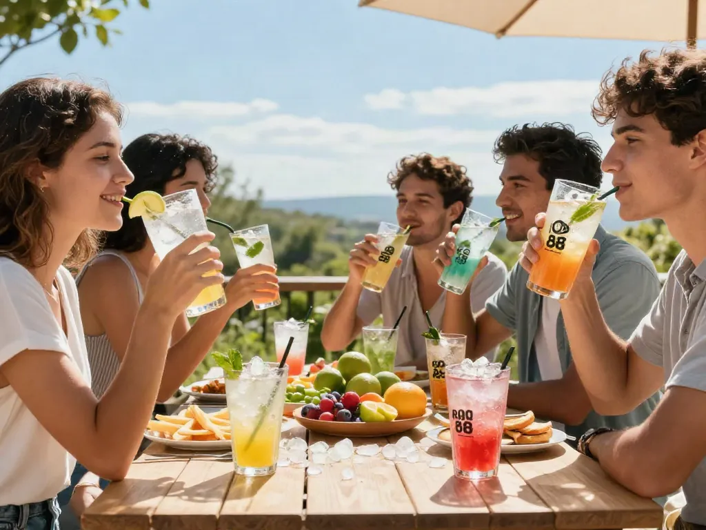 Friends enjoying ROKOK88 soda on a sunny terrace, showcasing a refreshing summer vibe with snacks.