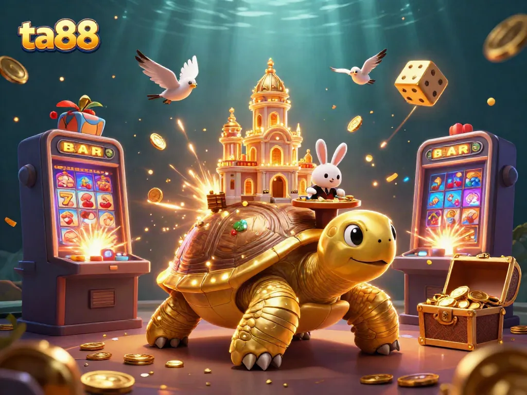 Experience thrilling ta88 casino action with a vibrant 3D illustration of a tortoise carrying a gaming palace.