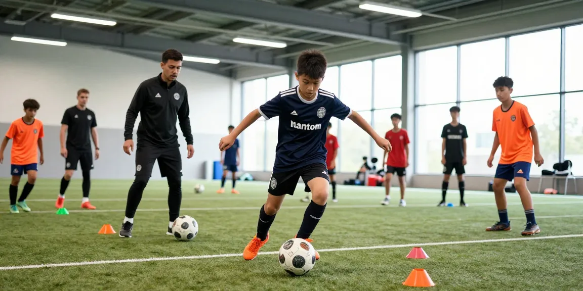 Fußball Online Shop: Junge Spieler trainieren mit hochwertigen Mantom Bällen in modernem Innenraum.