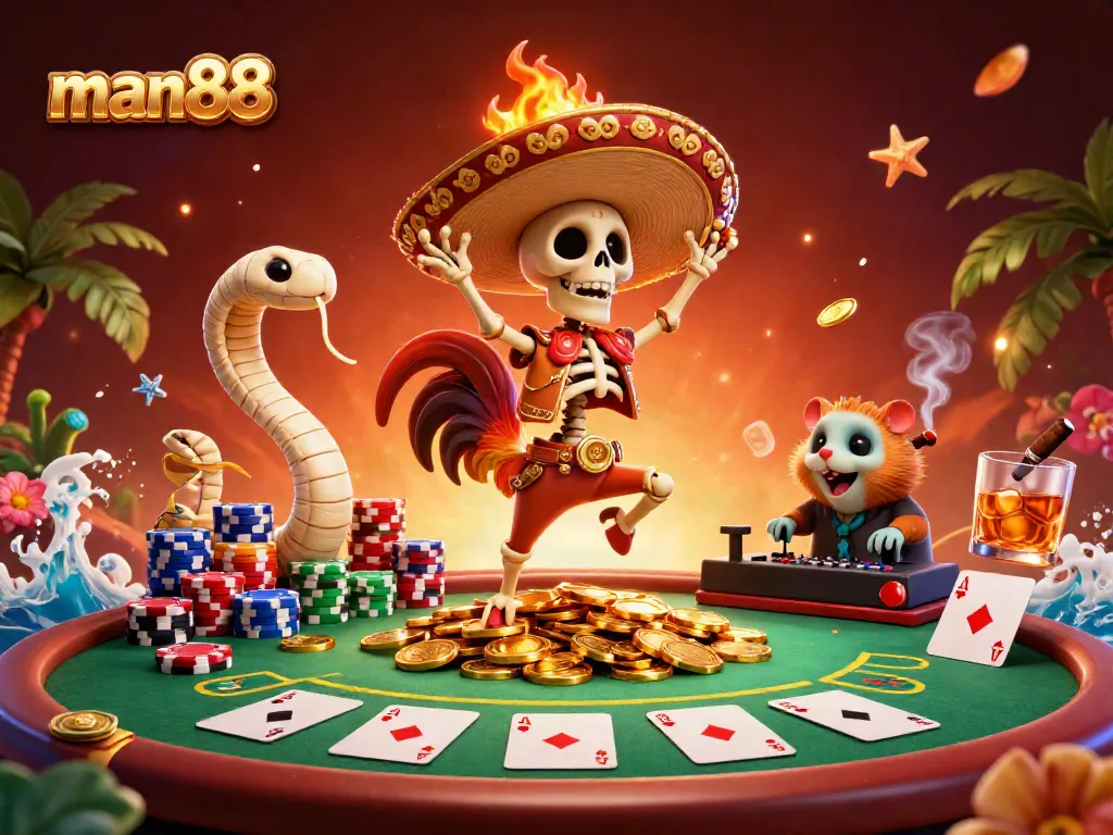 Experience thrilling casino rewards with man88 in a vibrant, action-packed 3D scene featuring gaming elements.