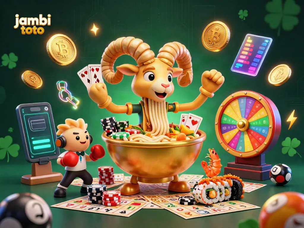 Enjoy the excitement of jambi toto with a vibrant lottery-themed 3D illustration featuring colorful characters and elements.