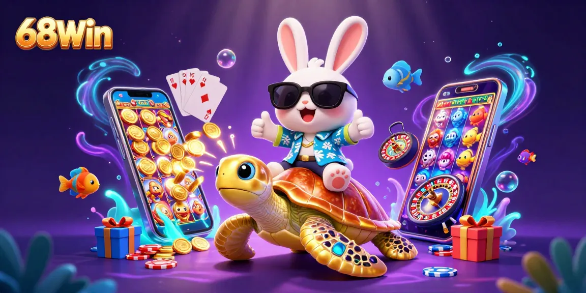 Experience the excitement of 68Win with an adventurous rabbit and a magical turtle in a vibrant underwater scene.