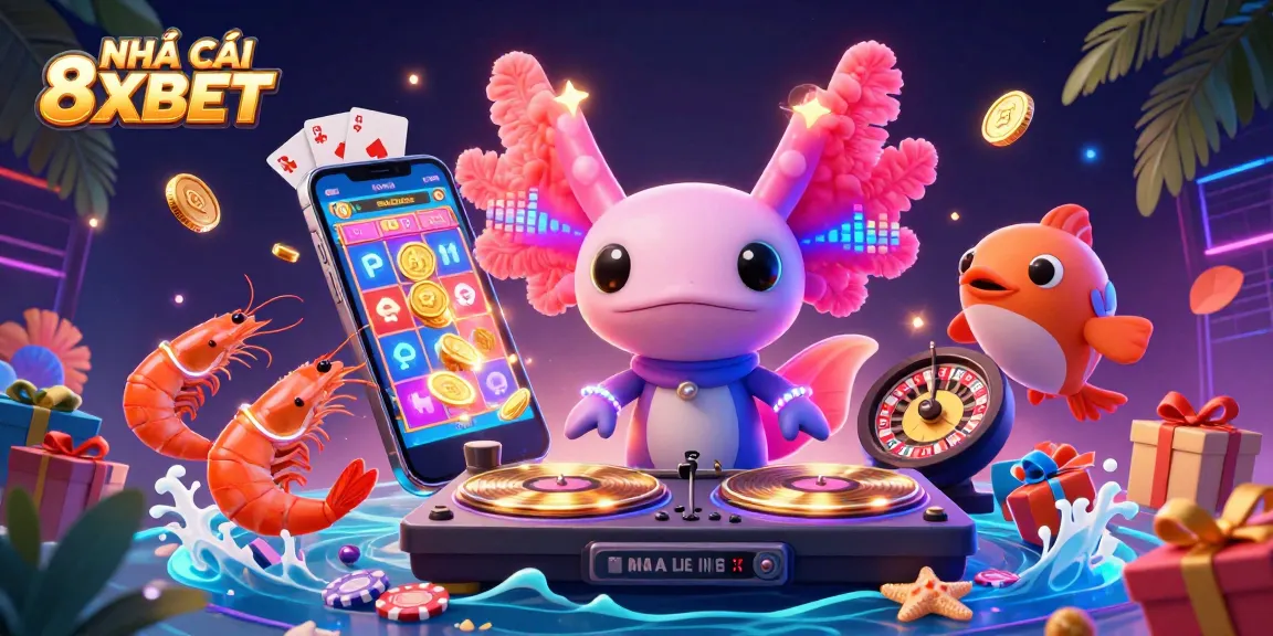 Experience the excitement of NHÀ CÁI 8XBET with vibrant underwater casino illustrations featuring playful characters and lively game elements.