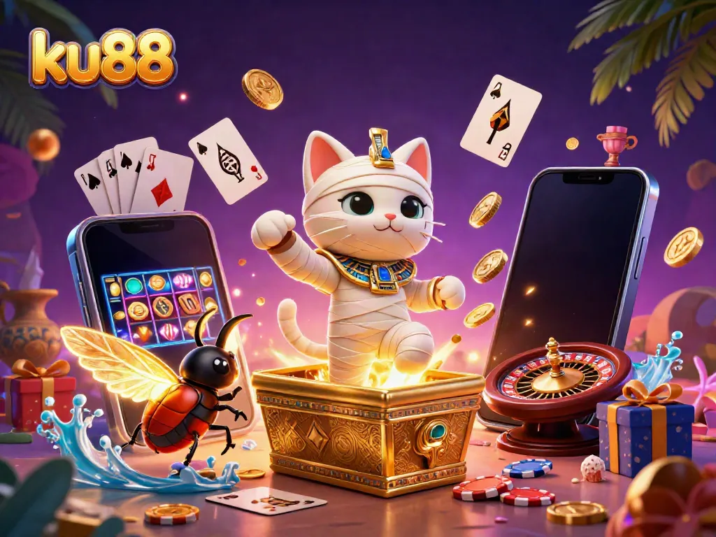 ku88 presents a vibrant scene with an Egyptian mummy cat, golden sarcophagus, and gambling excitement in a casino.