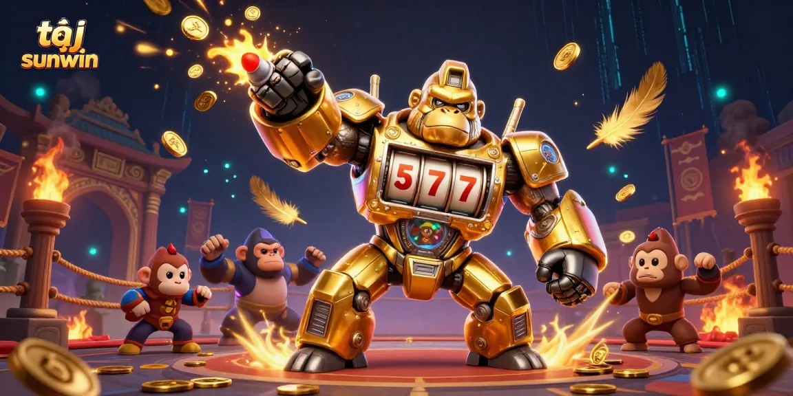 Experience thrilling gaming at tại sunwin with dynamic visuals of a golden gorilla mech bursting with coins.