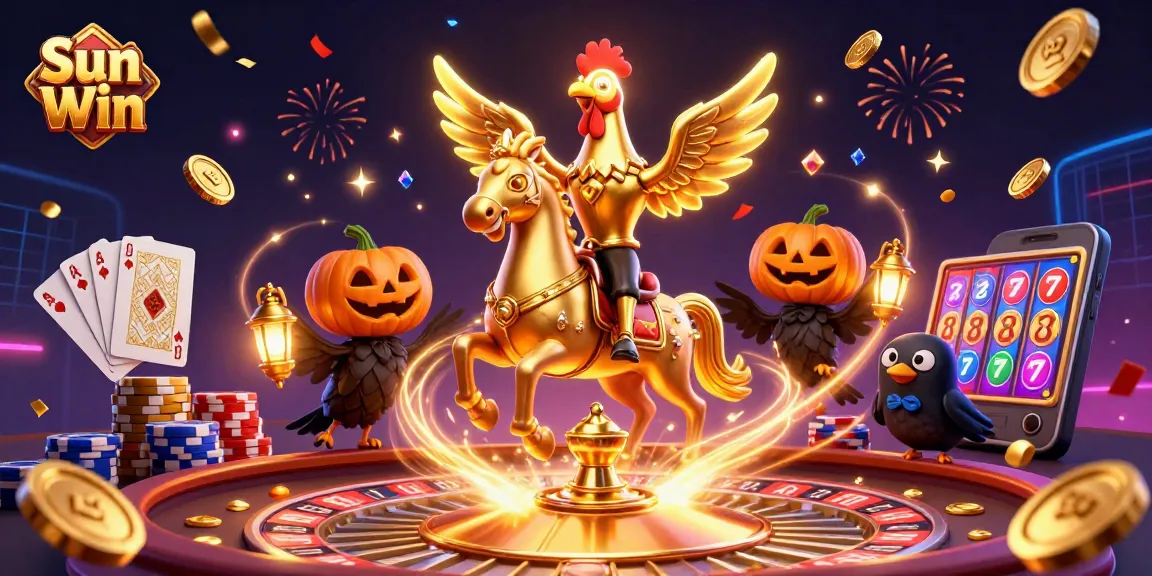 Engage in thrilling games with Sun Win as a golden rooster in a captivating casino scene.