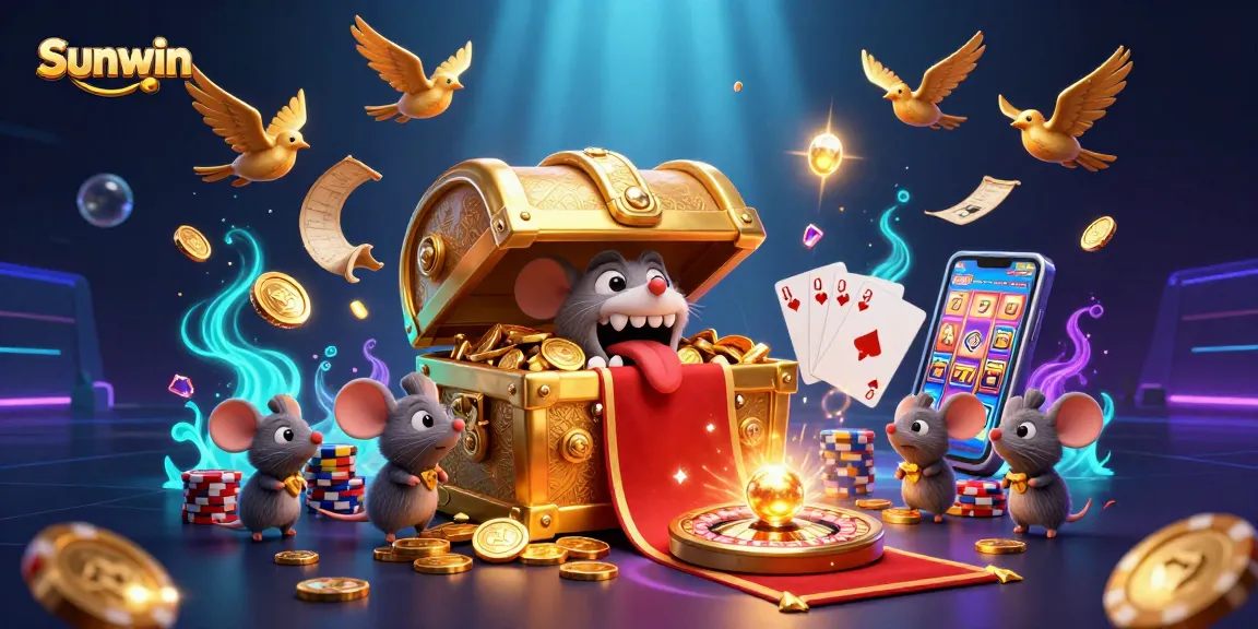 Sunwin promises exciting rewards with vibrant gameplay featuring treasure chests, coins, and casino elements.