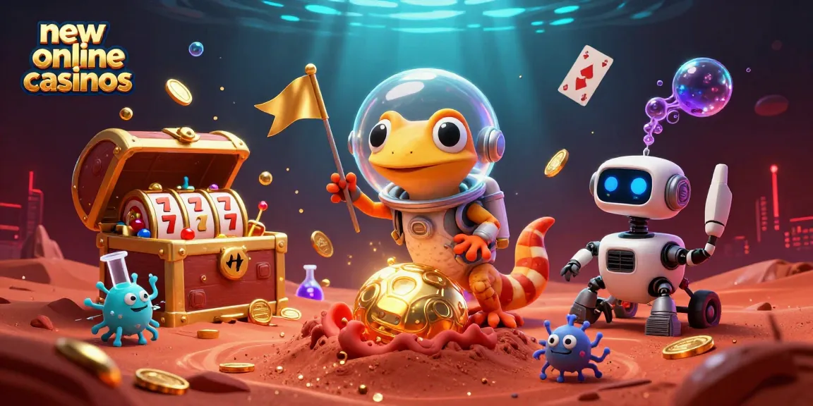 Explore new online casinos with a lively Martian gecko discovering treasures.