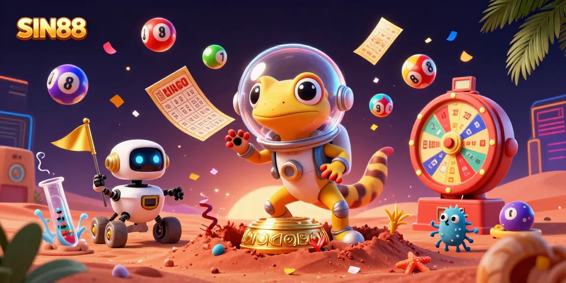 SIN88 shines as a vibrant 3D Martian-themed casino scene, featuring dynamic lottery elements and cheerful alien characters.