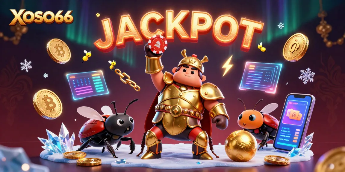 Join the excitement at XOSO66 as the victorious beetle celebrates with golden poker chips and dazzling crypto coins.