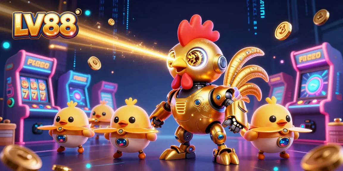 Engage in thrilling gameplay at LV88 with vibrant arcade games and a futuristic golden rooster robot.