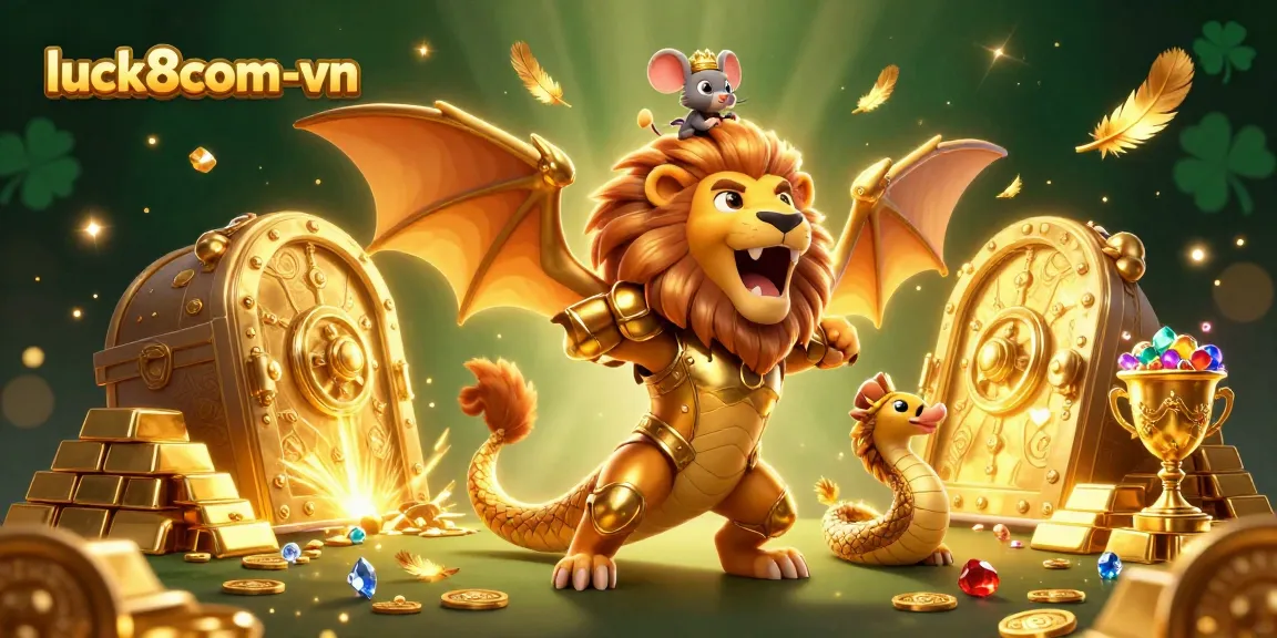 Experience thrilling wins at luck8com-vn with a vibrant 3D casino scene showcasing golden treasures and a chimera!