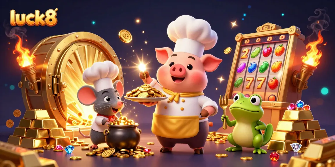 Experience luck8's vibrant gaming scene with gold treasures and animated characters.