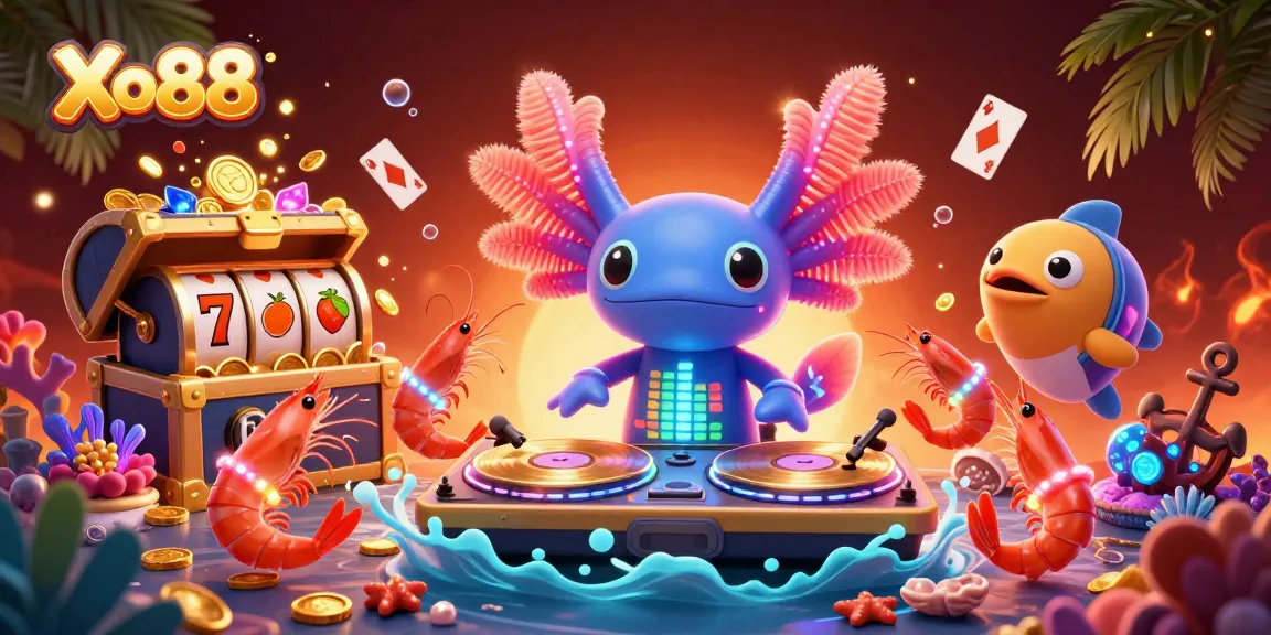 Xo88 invites you to join the underwater casino fun with a neon axolotl DJ, vibrant creatures, and dynamic game elements.